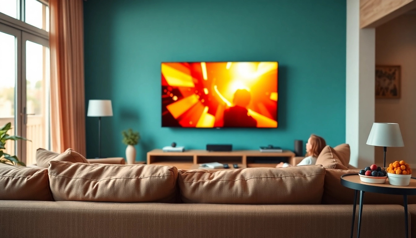 No credit card IPTV trial illustrated in a cozy living room setup, showcasing vibrant streaming content on a big screen.