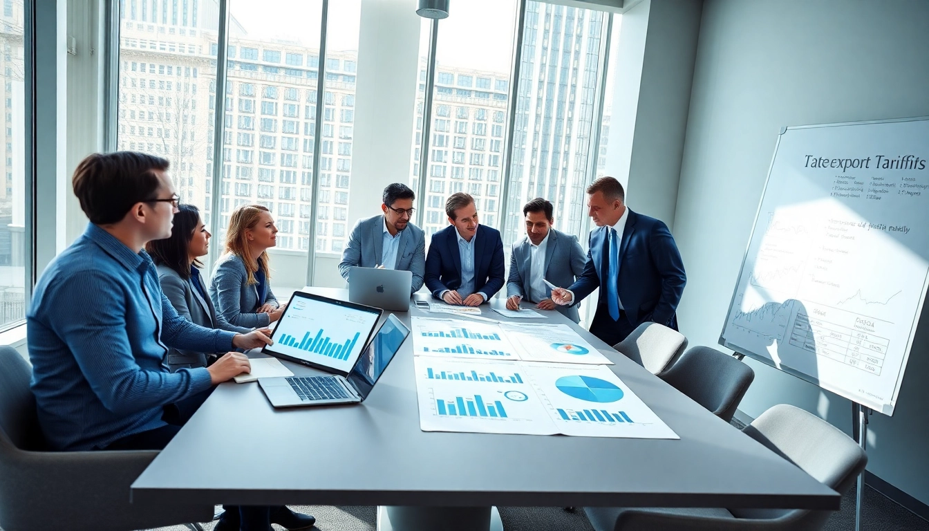 Discussing export tariffs and trade data in a bright, modern conference room.
