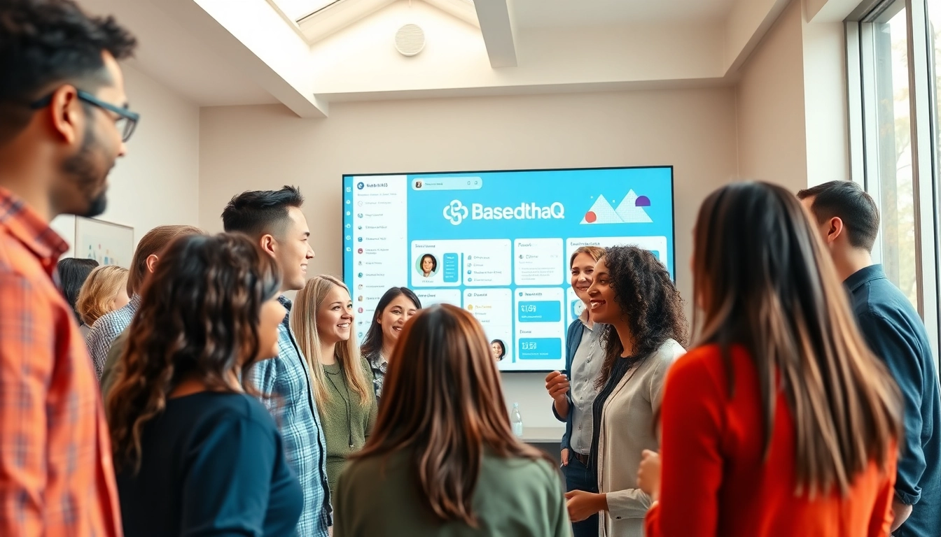 Engaging scene of the BasedChadHQ community with diverse members discussing creatively.