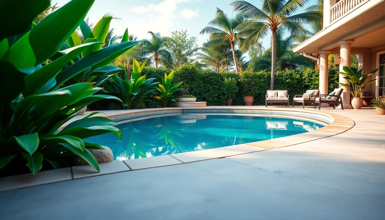 Build your own pool in a stunning backyard oasis with lush greenery and inviting design.