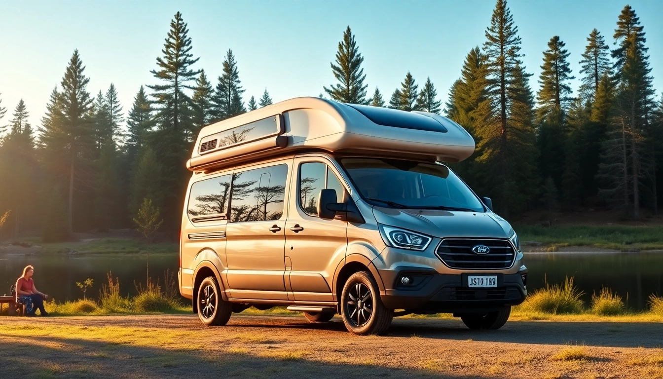 A stunning camper van parked by a serene lake amidst pine trees, showcasing outdoor adventure.
