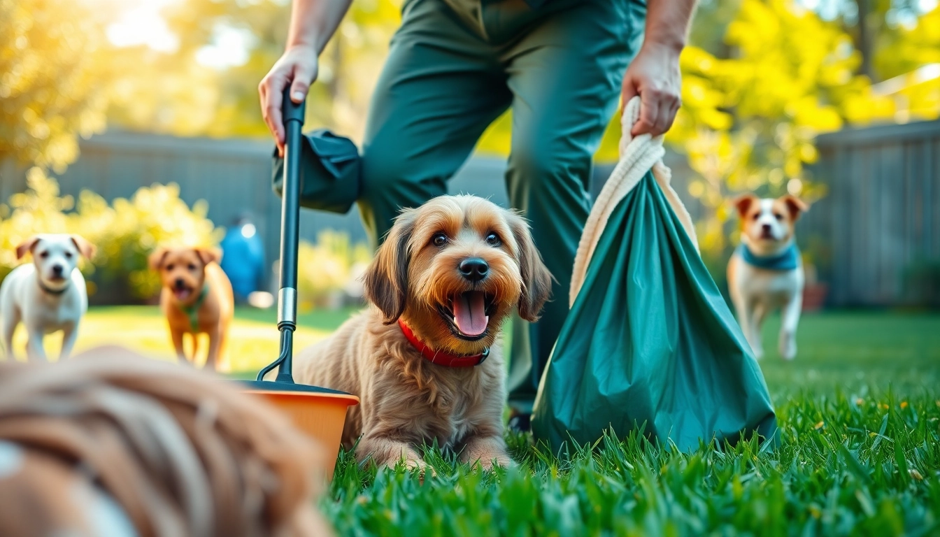 Dog poop pickup service depicted through a professional scooper cleaning a backyard.