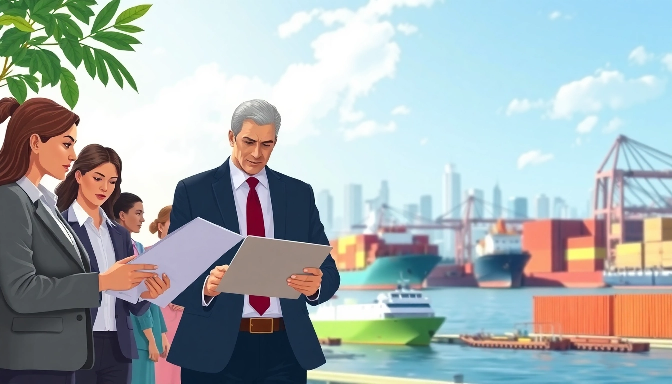 Understanding export tariffs through a global trade scene with diverse business professionals.