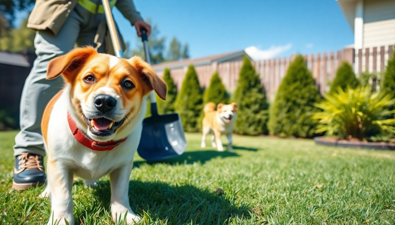 Engaging scene of weekly dog poop scooping service in action to emphasize cleanliness and professionalism.