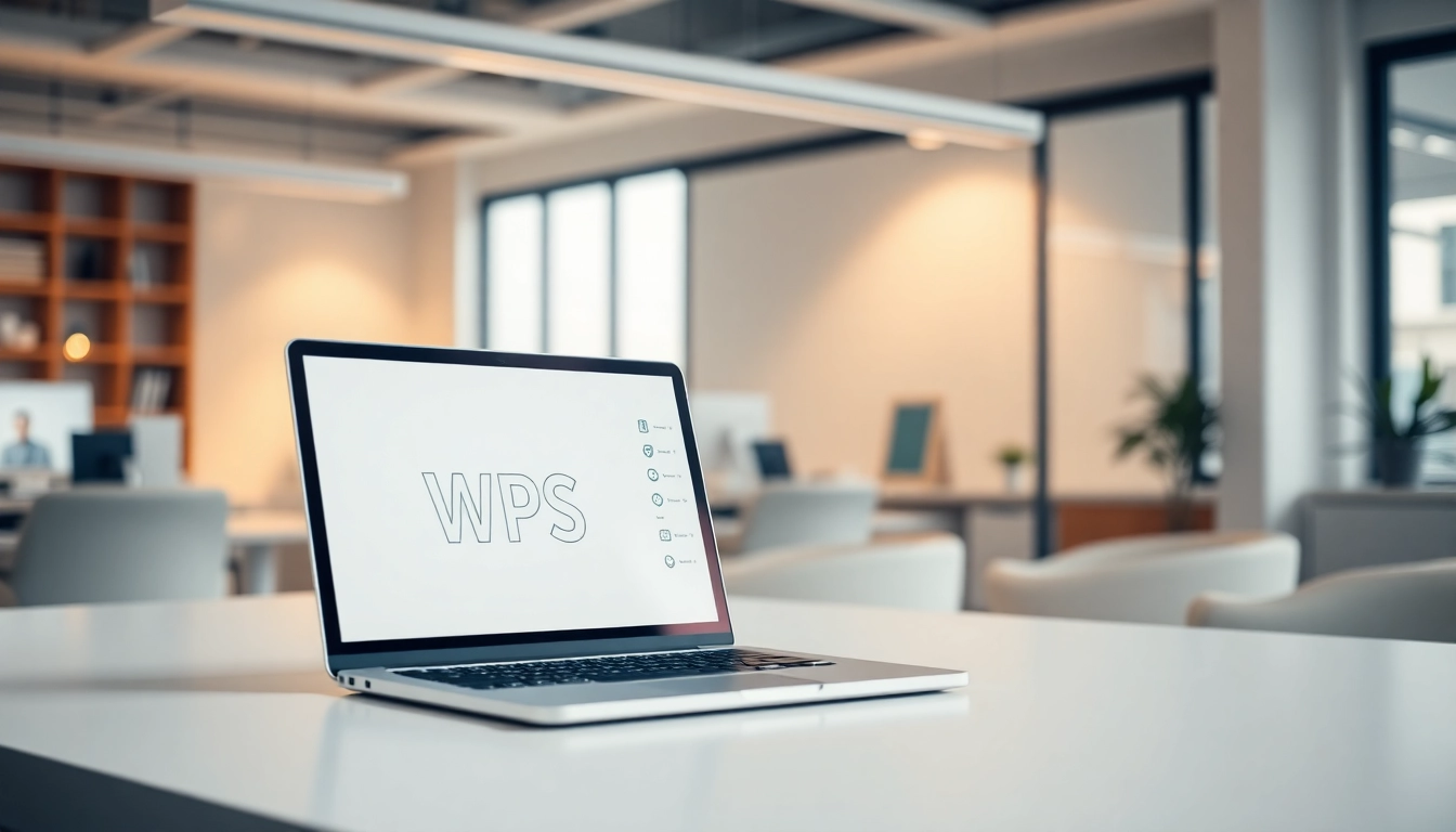 Using WPS中文版 software on a laptop in a bright office setting for productivity.