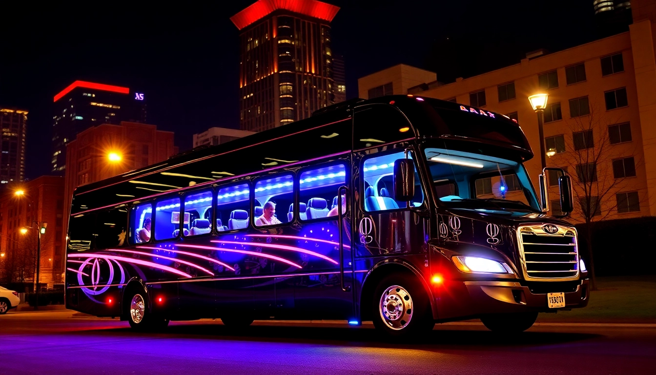 Atlanta party bus featuring colorful LED lights, offering luxurious amenities for celebrations and events.