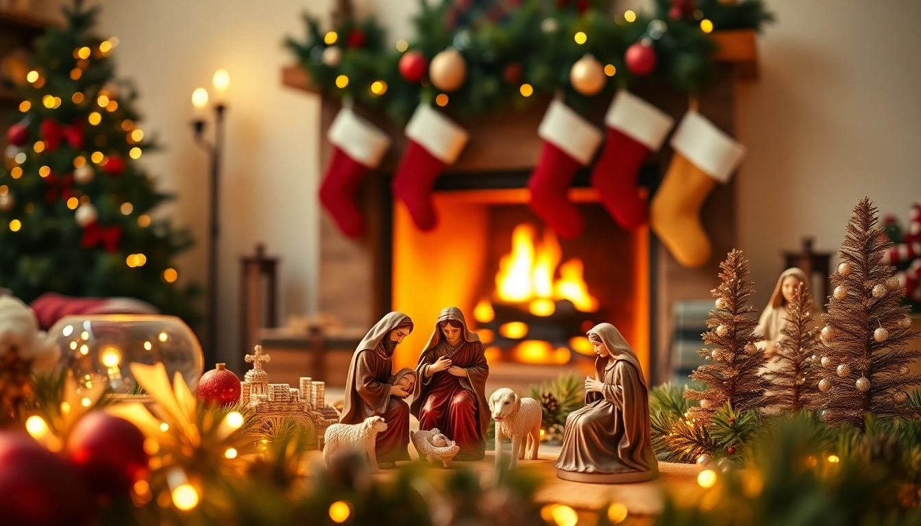 Display of various Nativity sets showcasing intricate details and warm holiday ambiance.