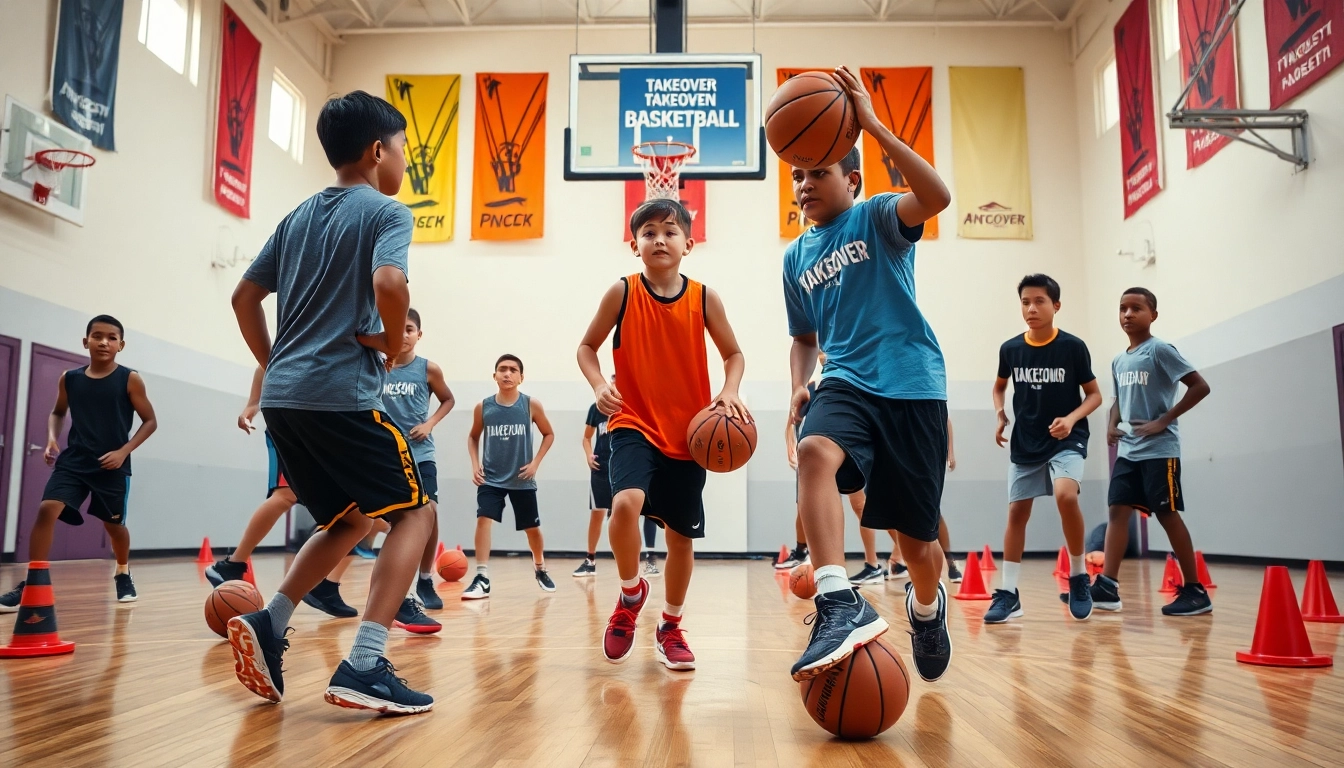 Athletes training at Takeover Basketball Academy, showcasing teamwork and determination on the court.
