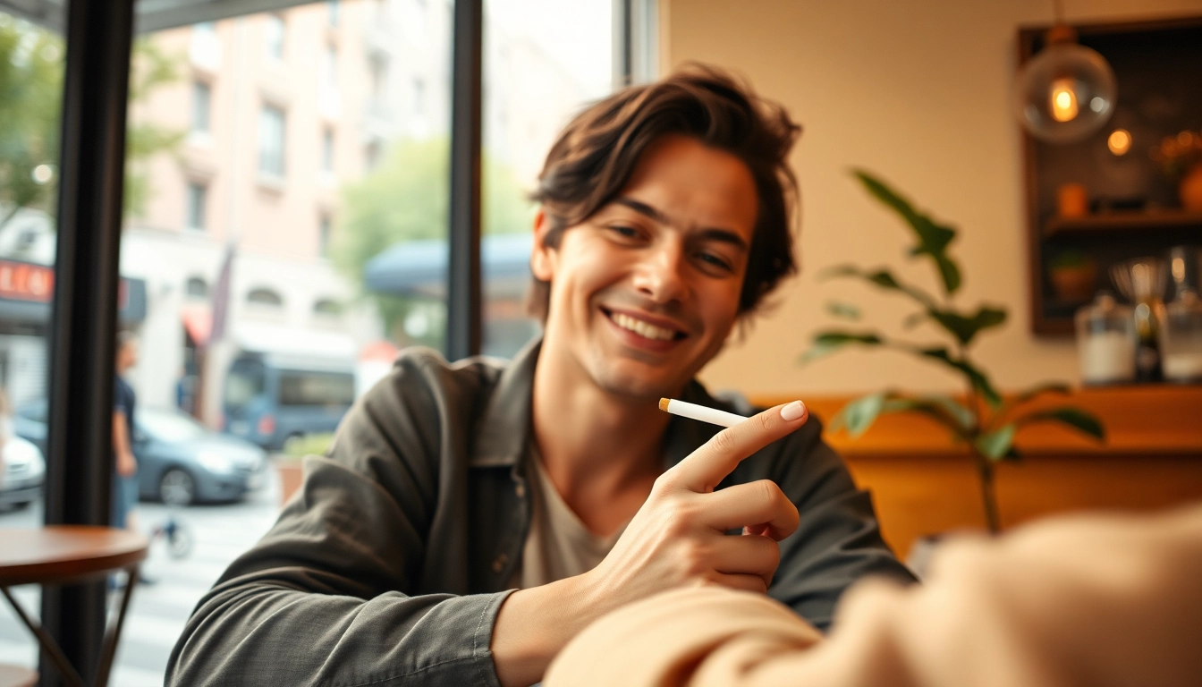 Enjoying nicotine free cigarettes in a cozy café environment, showcasing a relaxed atmosphere.