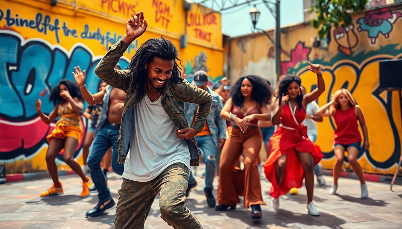 Capturing energetic house moves in urban dance scene with diverse performers and vibrant graffiti.
