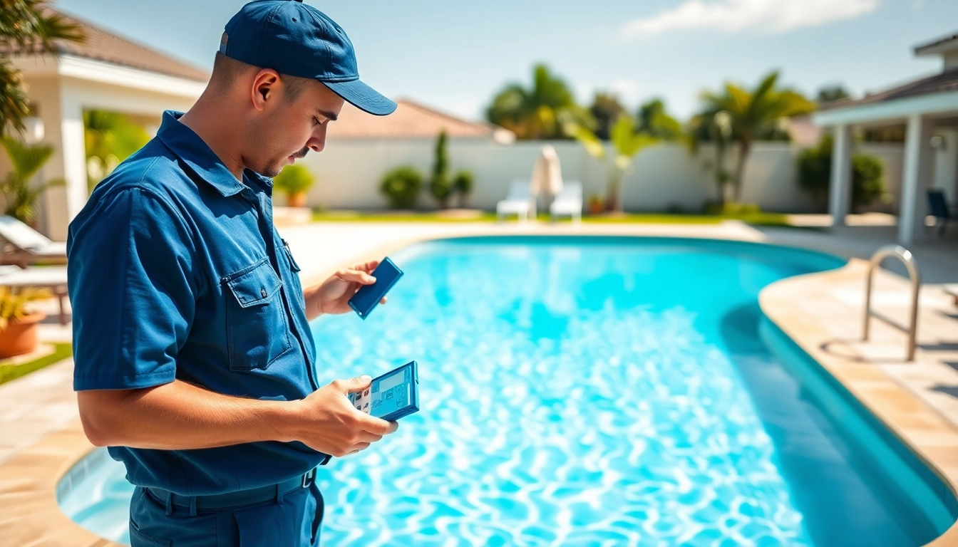 Offering expert pool service near me, a technician checks backyard swimming pool maintenance.