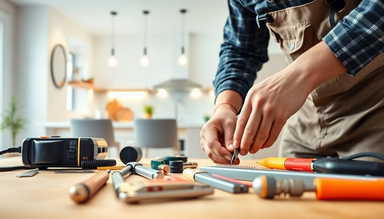 Electrician providing Electrical Service installation with professional tools in a modern kitchen.
