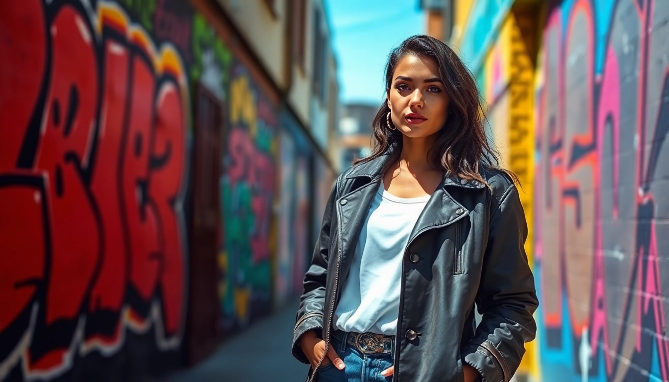 Model showcasing a fashionable jacket womens against an urban graffiti background.