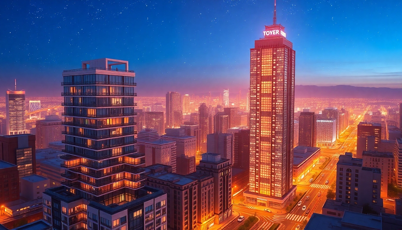 Build and manage your virtual sim tower with vibrant city skyline and inviting lighting.