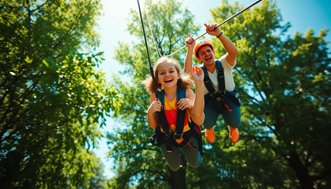 Enjoying ZIP WIRE KITS as a family above trees in a vibrant outdoor adventure