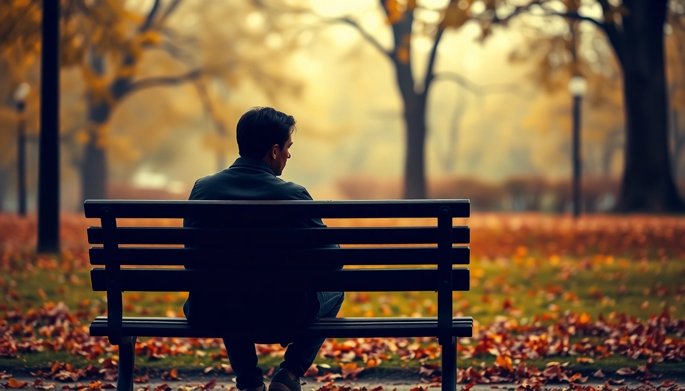 Person dealing with grief sits on a park bench surrounded by autumn leaves, reflecting on loss.