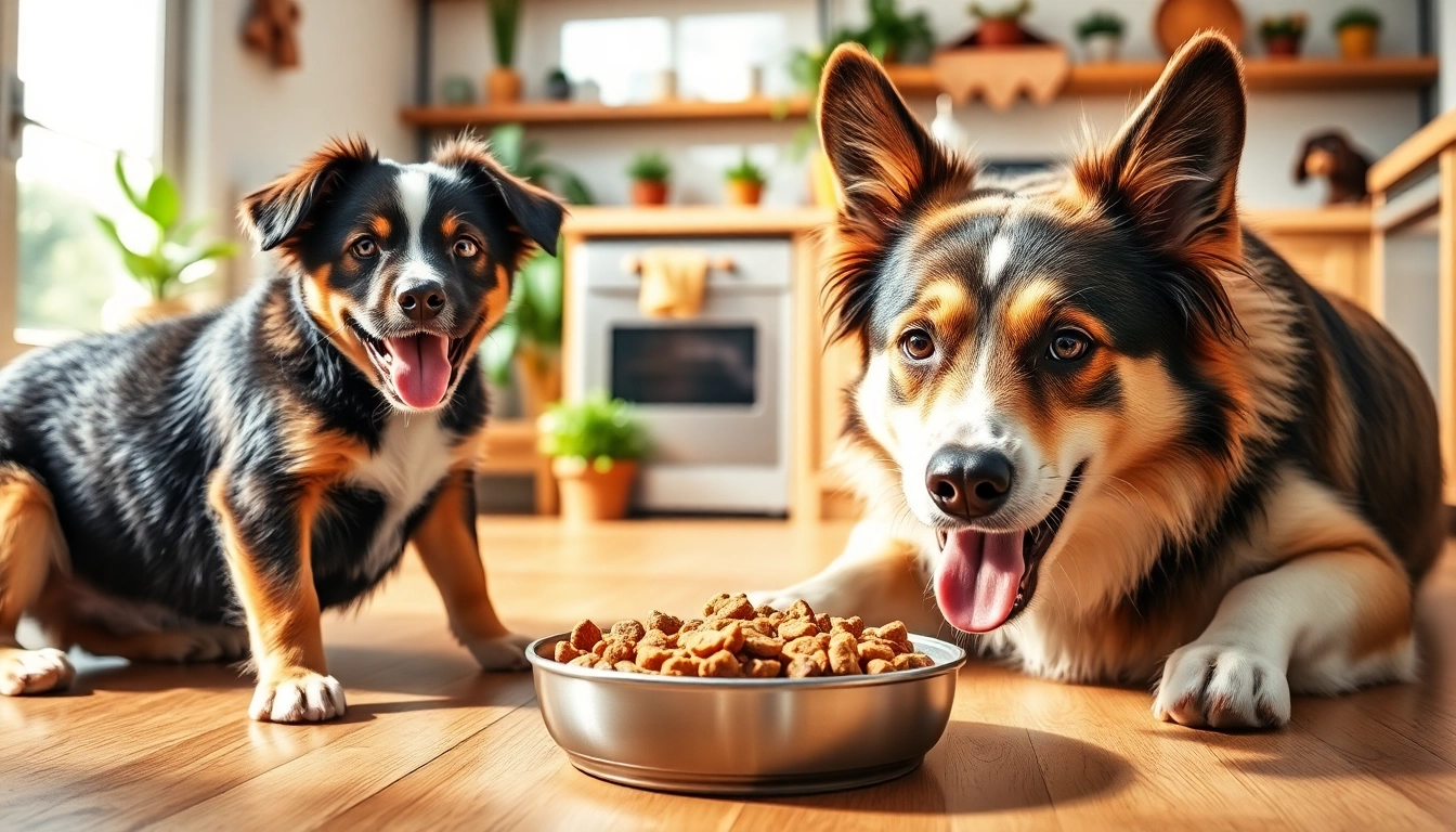 Dogs happily eating badlands ranch dog food in a bright, cozy kitchen setting