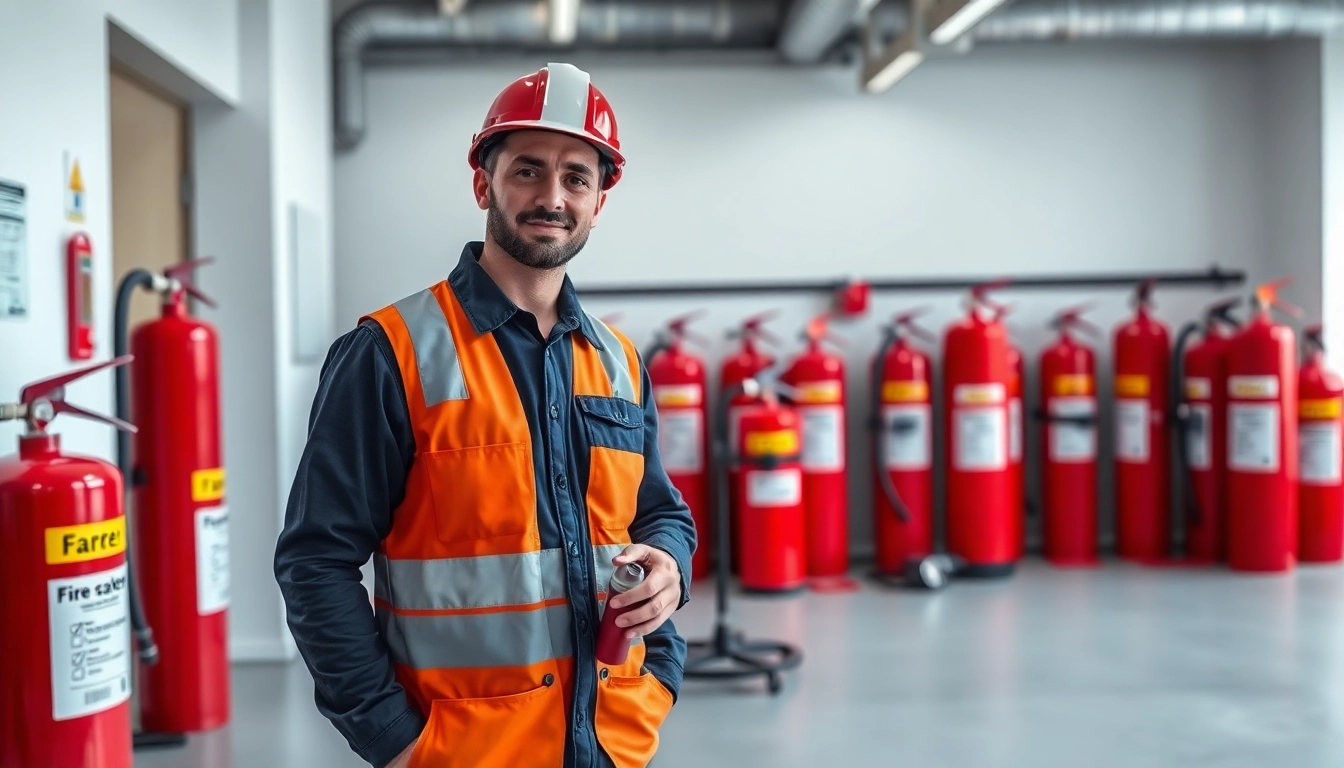 Ensure proper fire extinguisher servicing Lichfield with a technician inspecting extinguishers in a modern office.