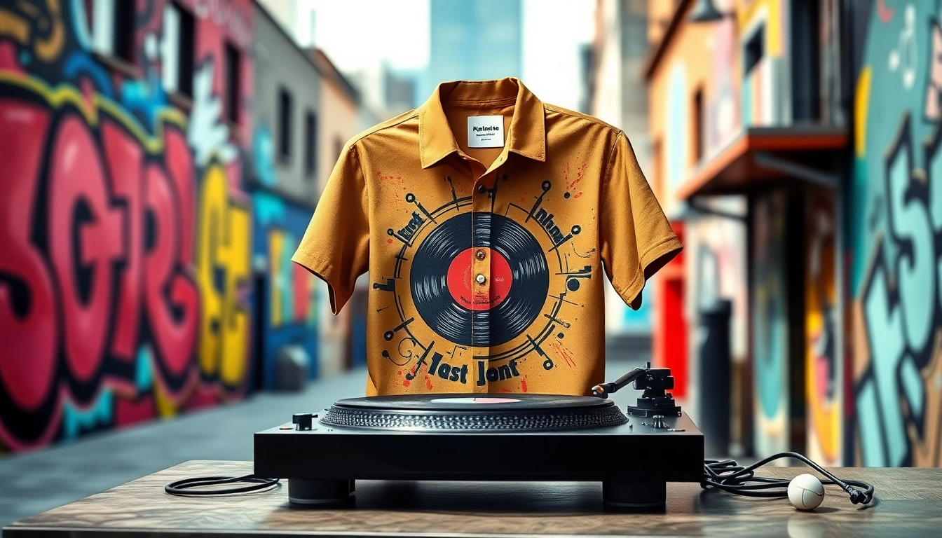 Showcase a vibrant turntable shirt highlighting its artistic design in an urban music-inspired setting.