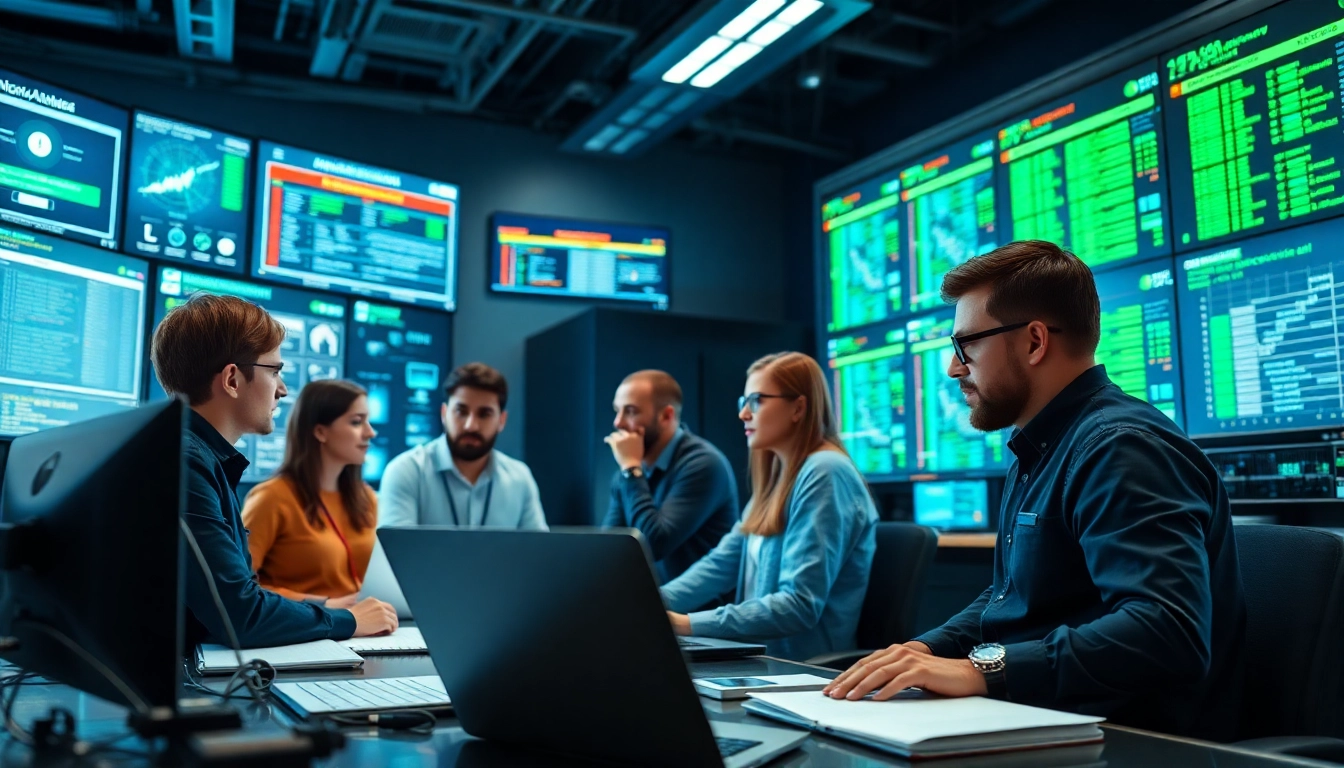 Engaged cirt professionals analyzing cybersecurity data in a modern control room