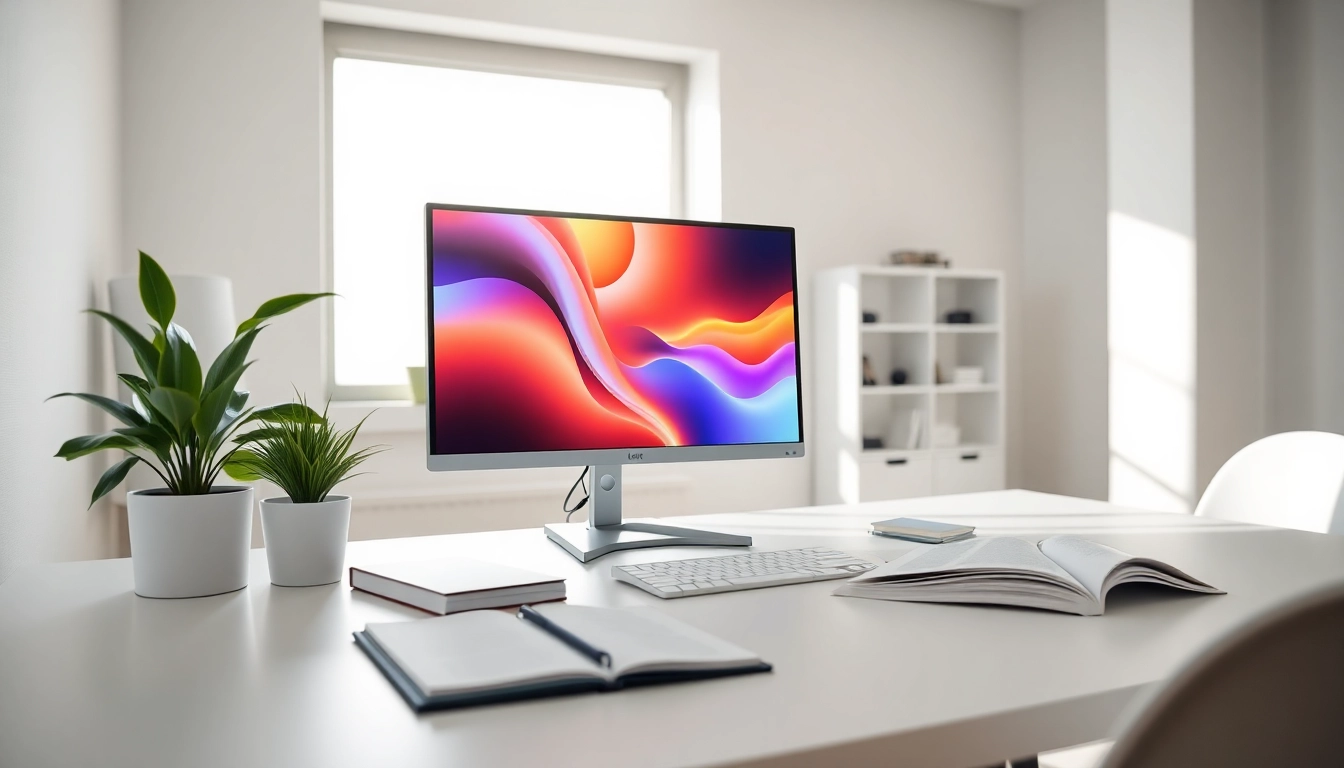 View of a sleek Monitor on a stylish desk in a bright, professional workspace
