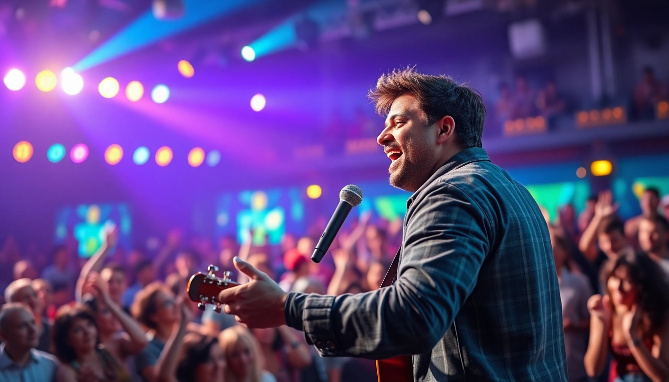 Engaging scene of music pitching to an audience with a passionate performer on stage.