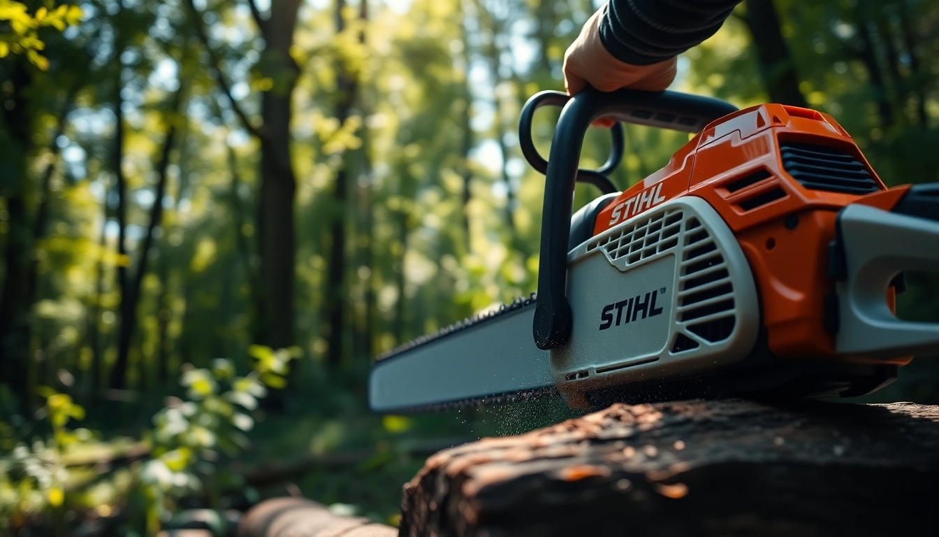 Stihl Kettensäge im Einsatz auf einem Holzstamm in einer ruhigen Waldumgebung.