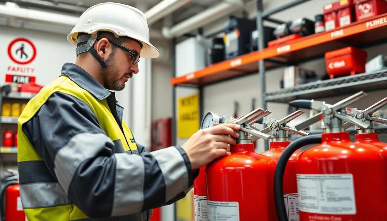 Technician performing fire extinguisher servicing to ensure safety and compliance.