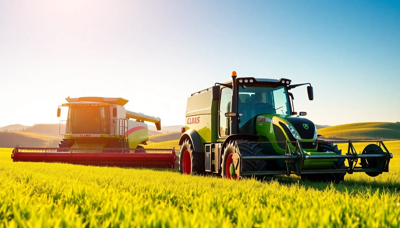 Claas landwirtschaftliche Maschinen im Einsatz in einem grünen Feld.