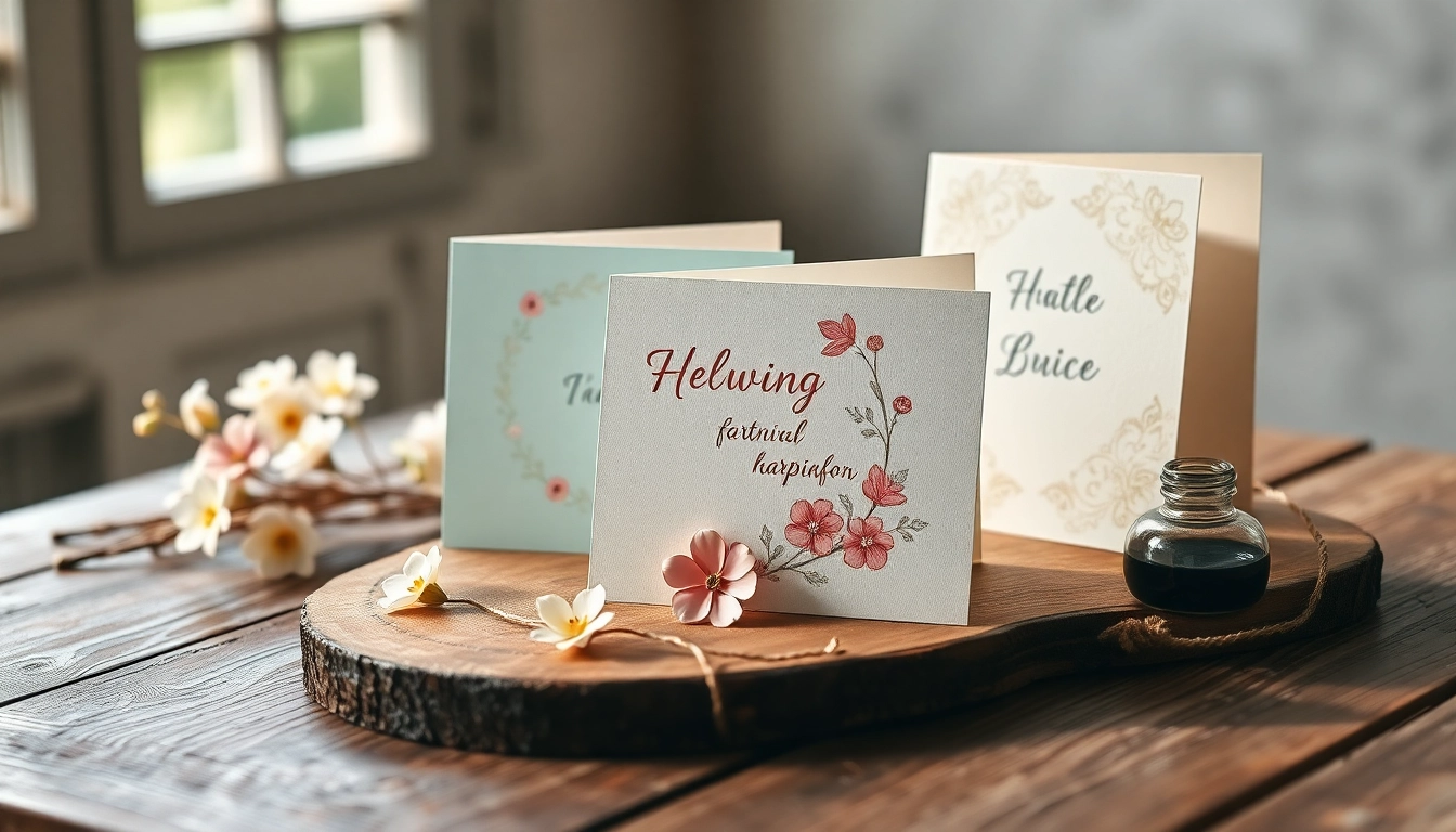 Showcase of premium greeting cards London with elegant designs, floral patterns, and warm lighting.