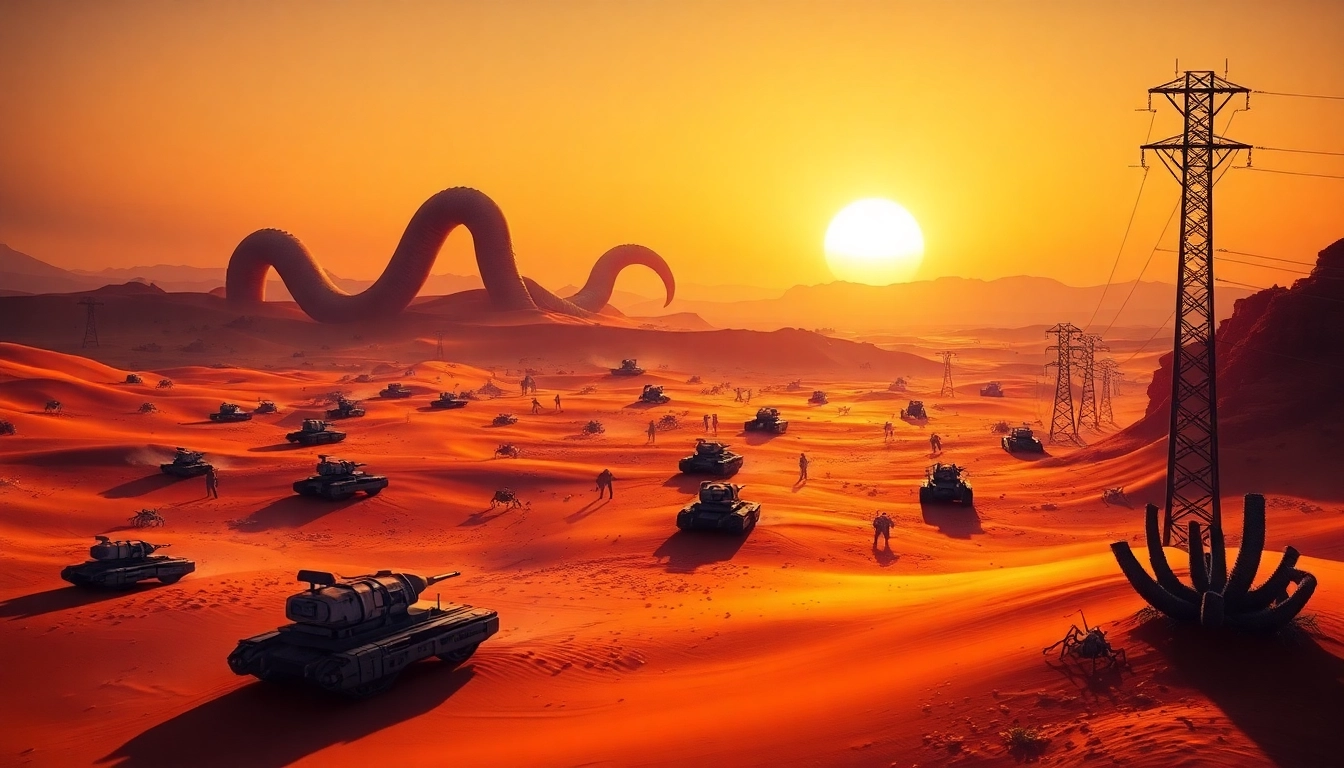 Dune 2 game action scene featuring futuristic vehicles and sandworms in a dramatic setting.