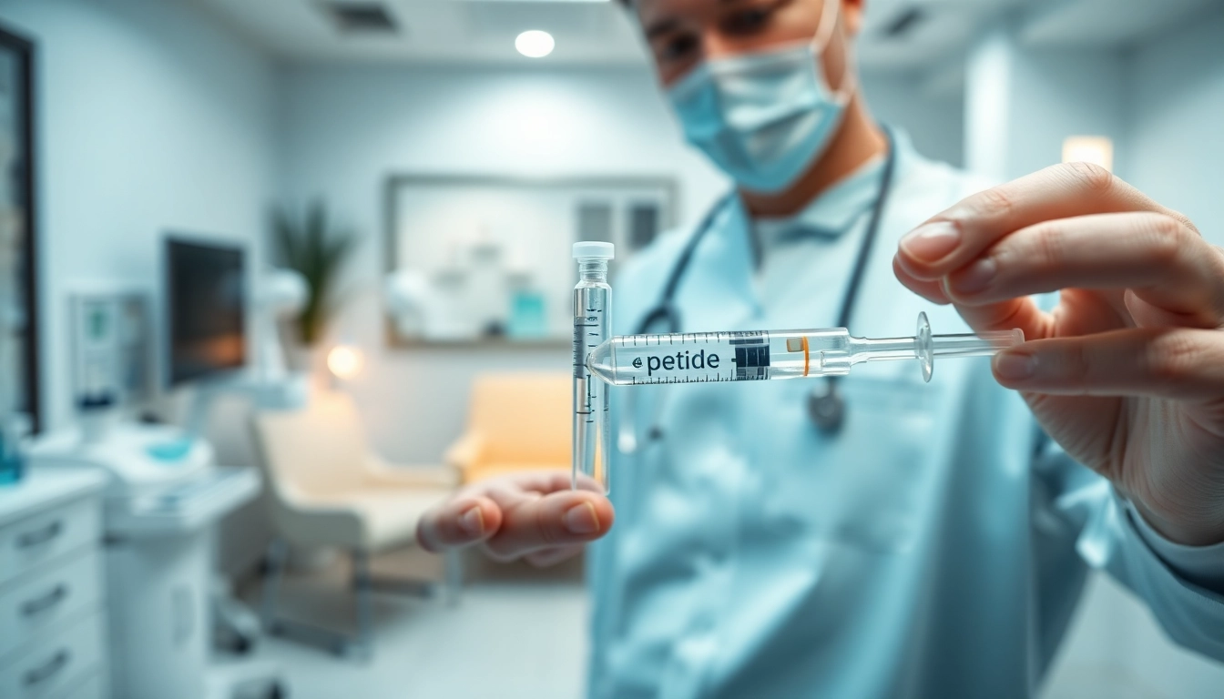 Demonstrating Peptide Therapy preparation in a clinical setting with healthcare provider holding a syringe.
