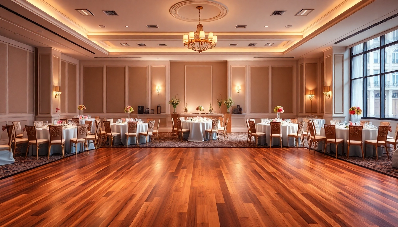 Capture an elegant dining area at le prestige hall, beautifully adorned for an event.