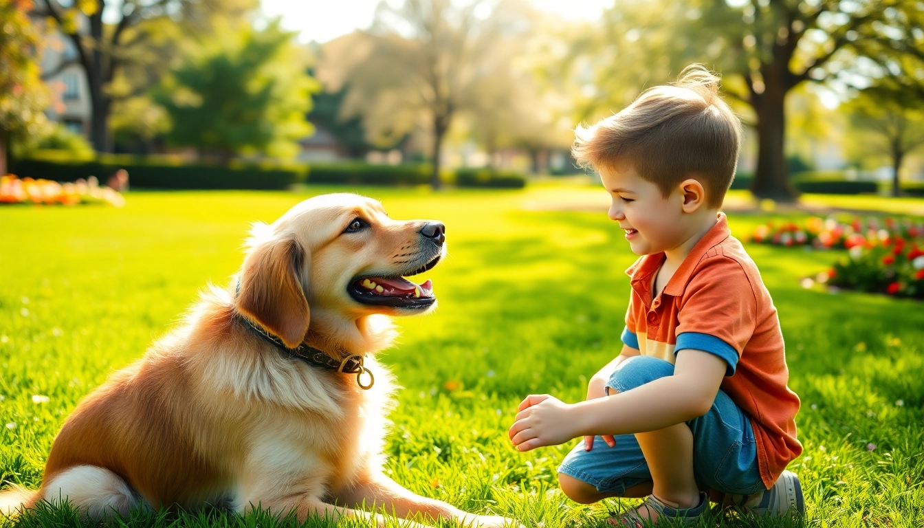Engage with autism service dogs for sale, showcasing a child playing joyfully with a trained service dog in a sunny park.