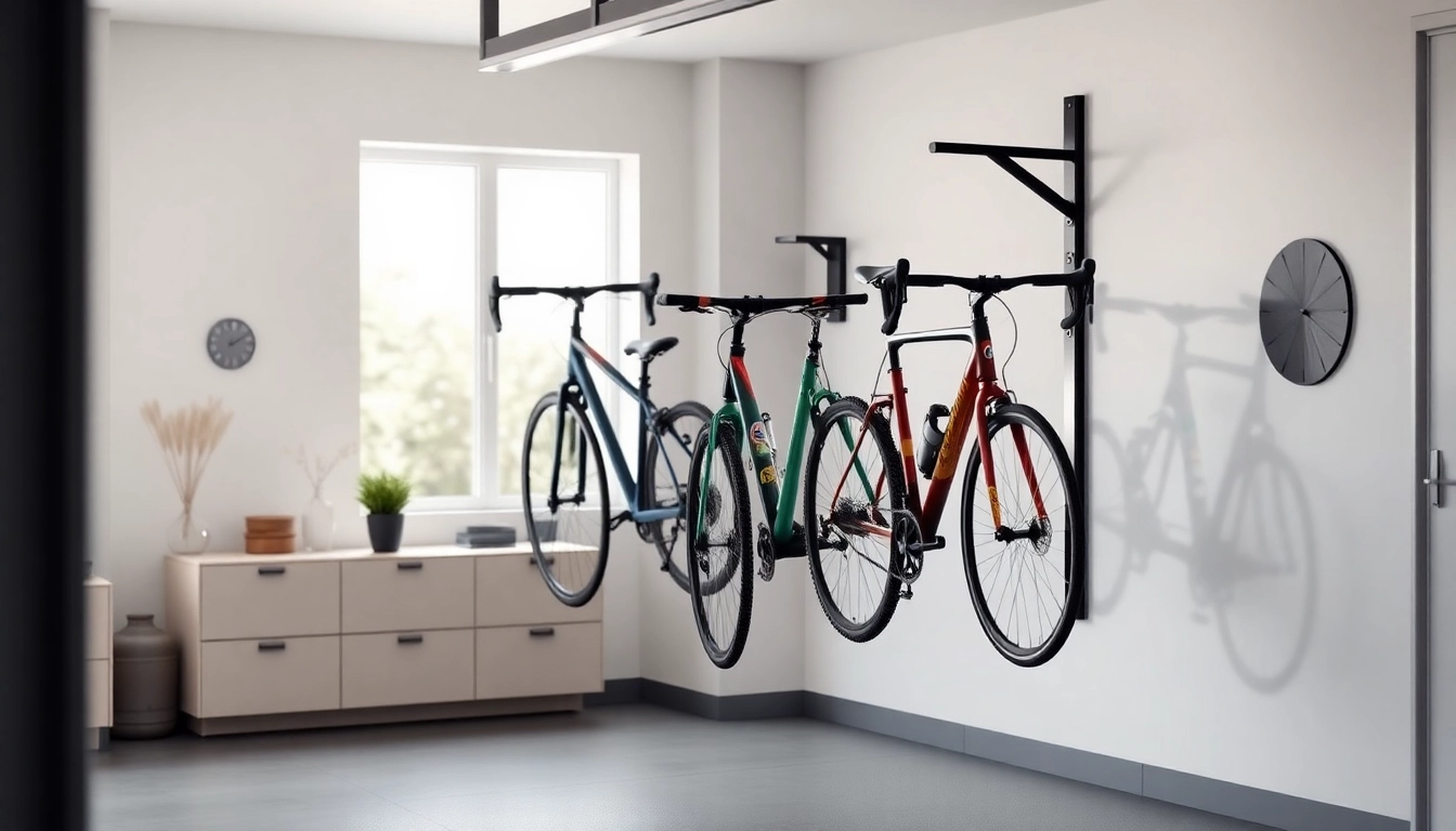 Showcasing a space-saving bike rack holding multiple bikes vertically in a modern garage
