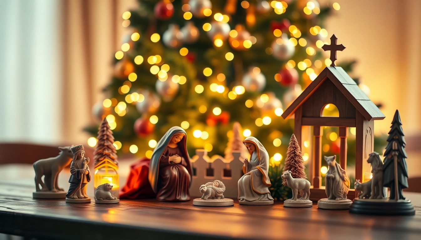 Admire intricately crafted Nativity sets showcasing warmth and beauty in a festive setting.
