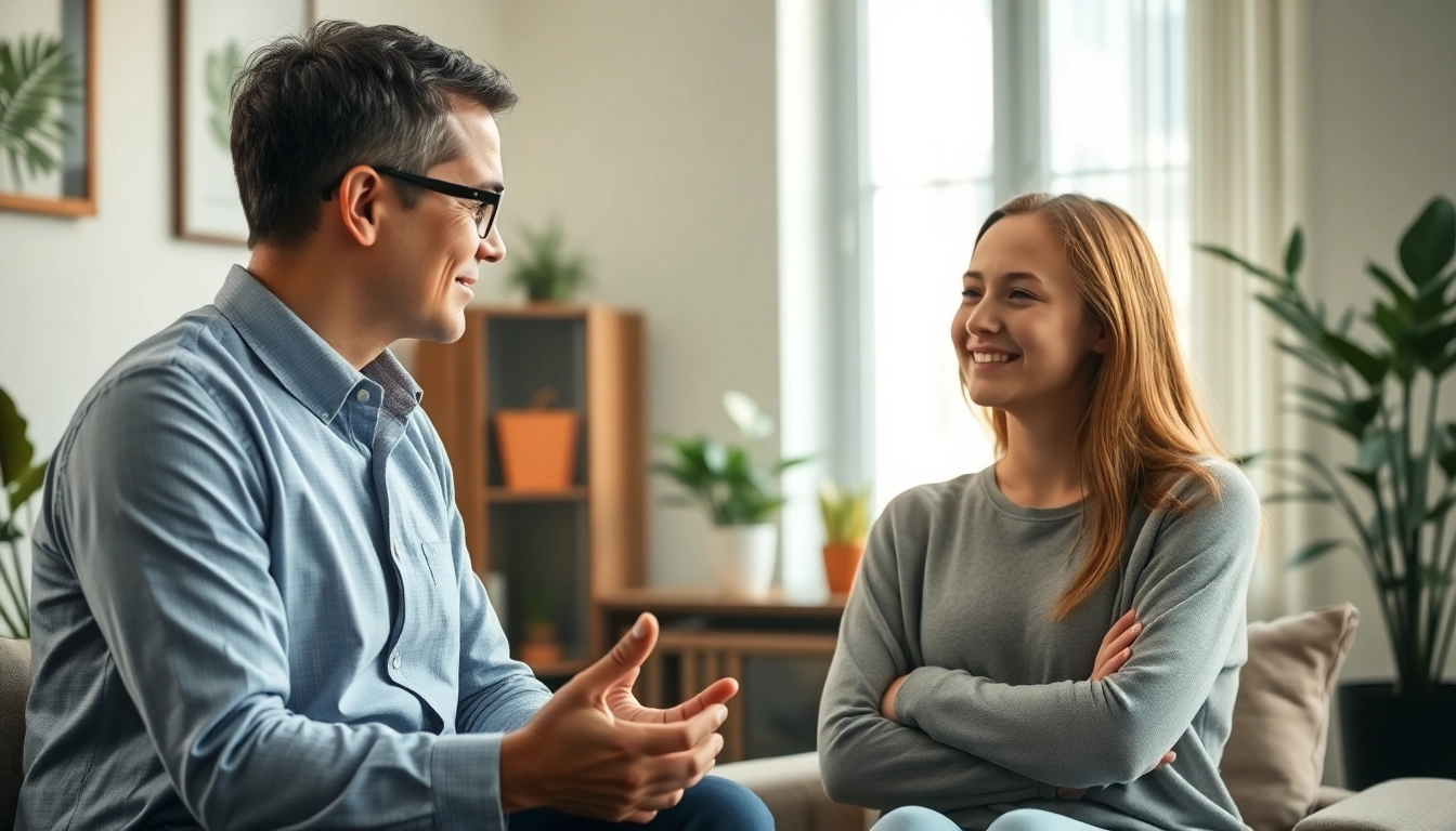 Therapist helpfully discussing techniques for dealing with anxiety in a peaceful office setting.