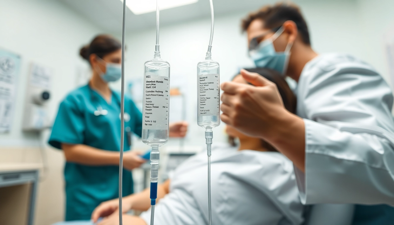 Healthcare provider administering an intravenous drip to a patient in a calm clinic.