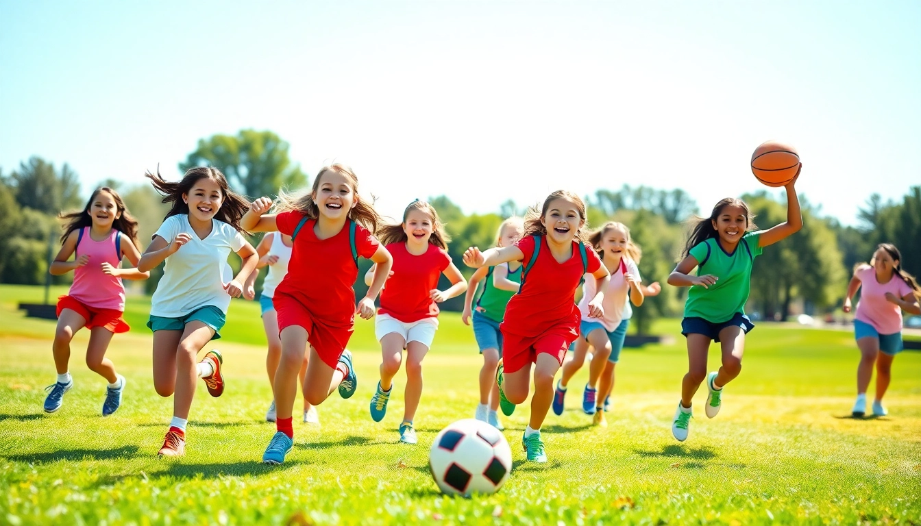Girls participating in Multi Sports Camps for Girls, experiencing teamwork and fun in an energetic outdoor setting.