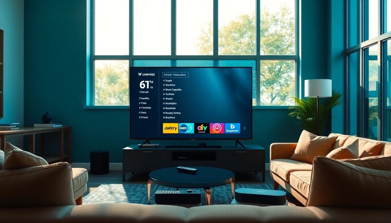 Comprar Listas IPTV en un entorno moderno con un televisor mostrando menú de canales