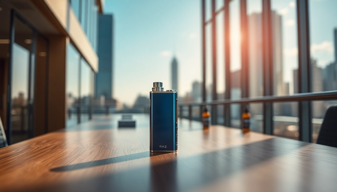 Showcase the RAZ LTX 25K disposable vape with urban elements and sleek design.