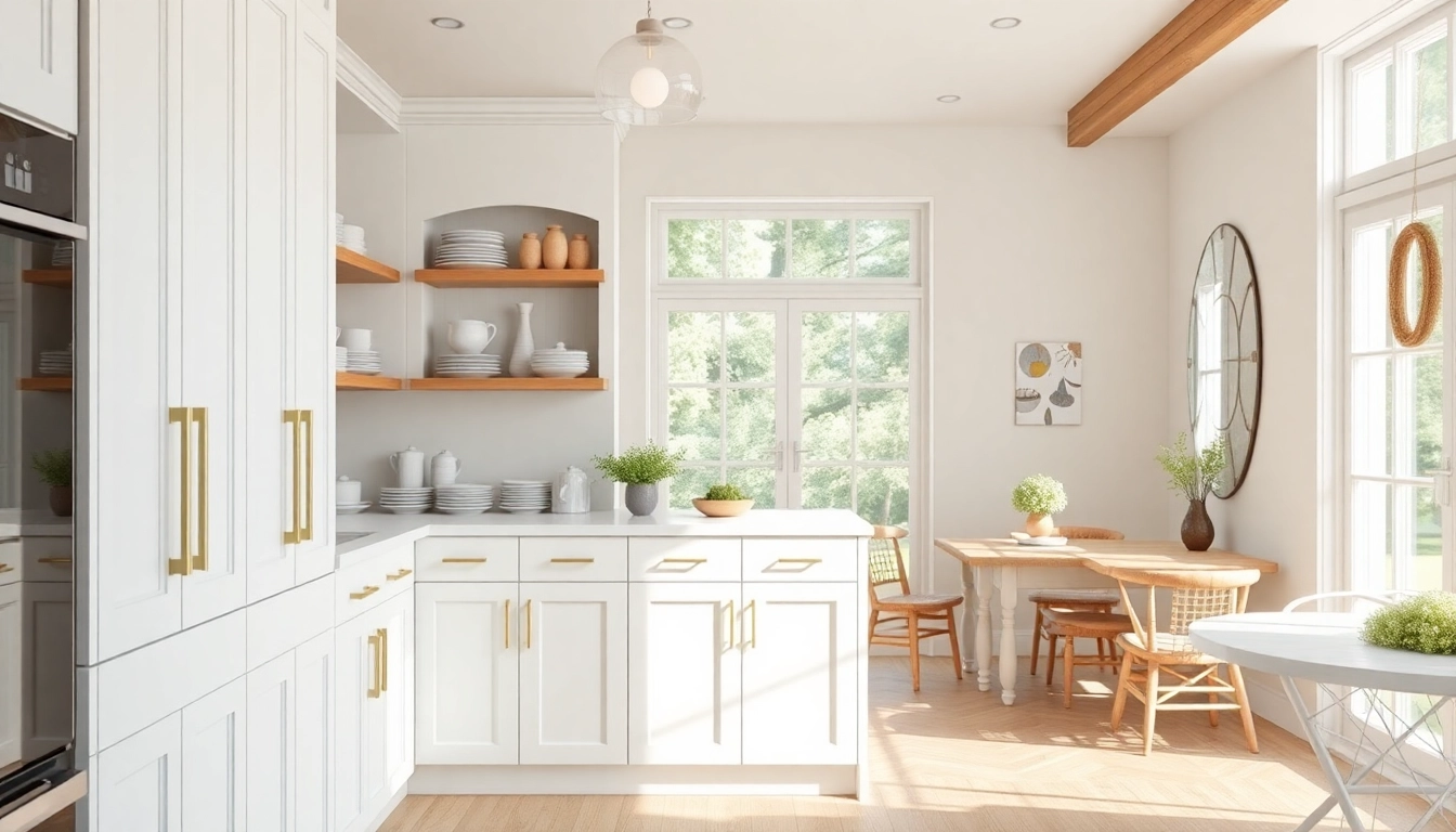 Experience the charm of white kitchen cabinets elegantly appointed with tasteful dishware and decor.