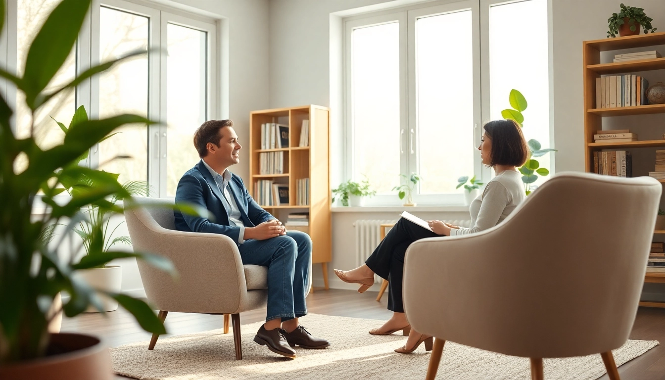 Engaging therapist in a peaceful office setting, creating a welcoming atmosphere for clients.