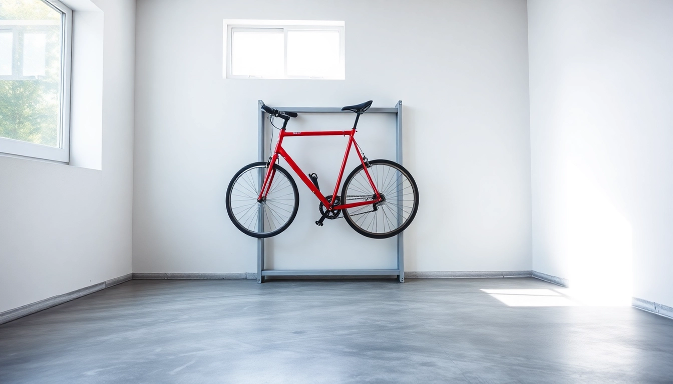 Showcase compact bike storage solution with a vertical bike rack in a stylish garage setting.