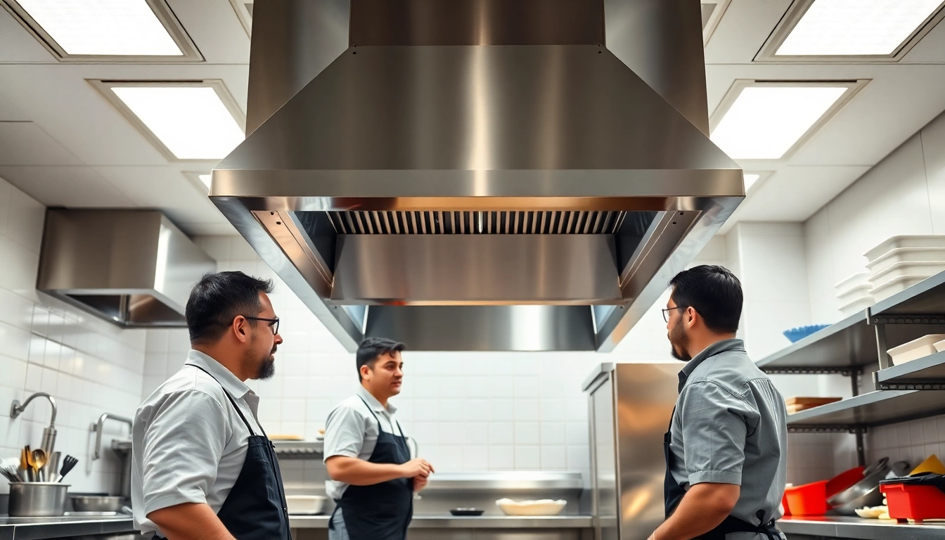 Team conducting Restaurant Exhaust Hood Cleaning service in a professional kitchen.