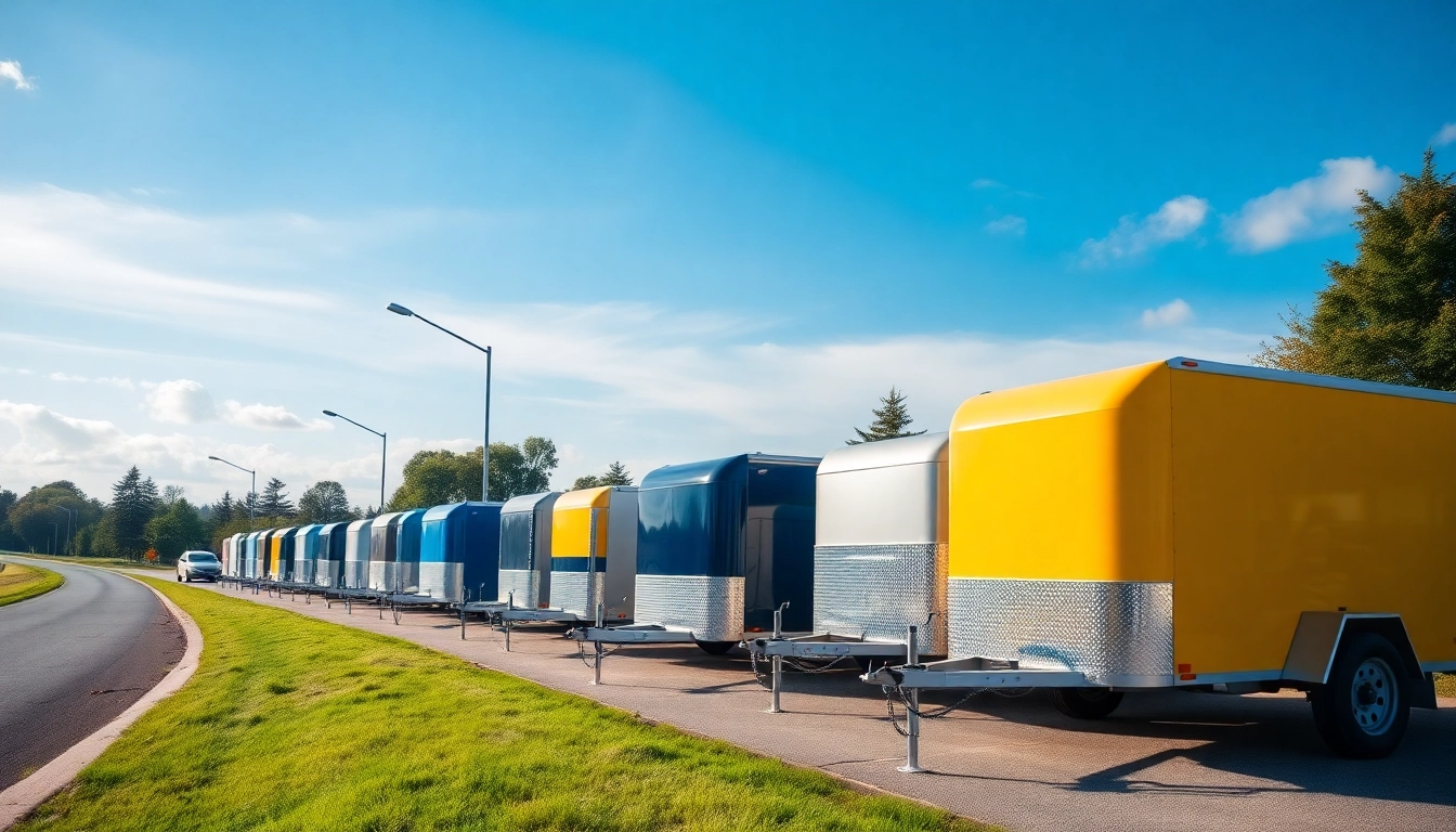 Find utility trailers near me with a variety of options displayed under bright sunlight.