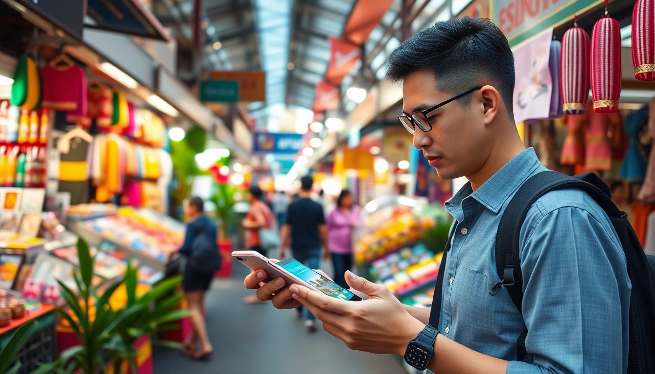 Activate esim Thailand in Bangkok's colorful street market as a traveler connects seamlessly.