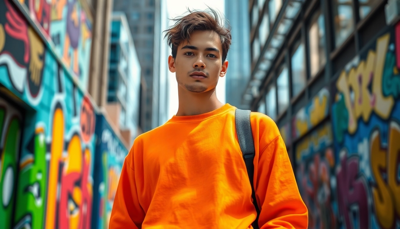 Showcasing premium art clothing Calgary in a vibrant urban setting with street art.