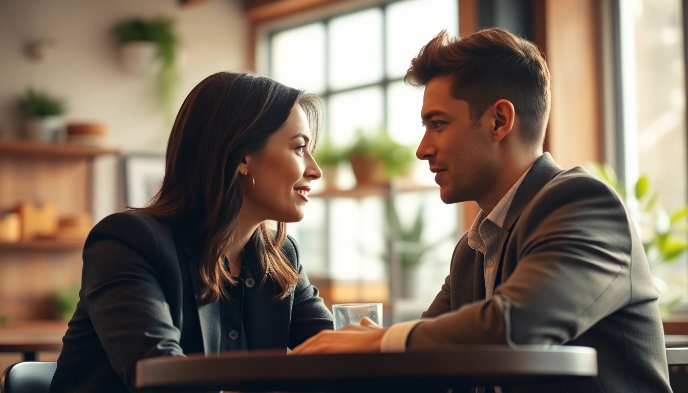 Couple actively communicating in relationships within a cozy café setting.