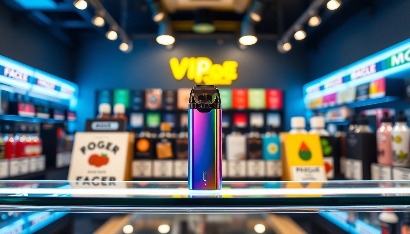 Highlighting the Foger Switch Pro Pod with vivid features in a stylish vape store environment.